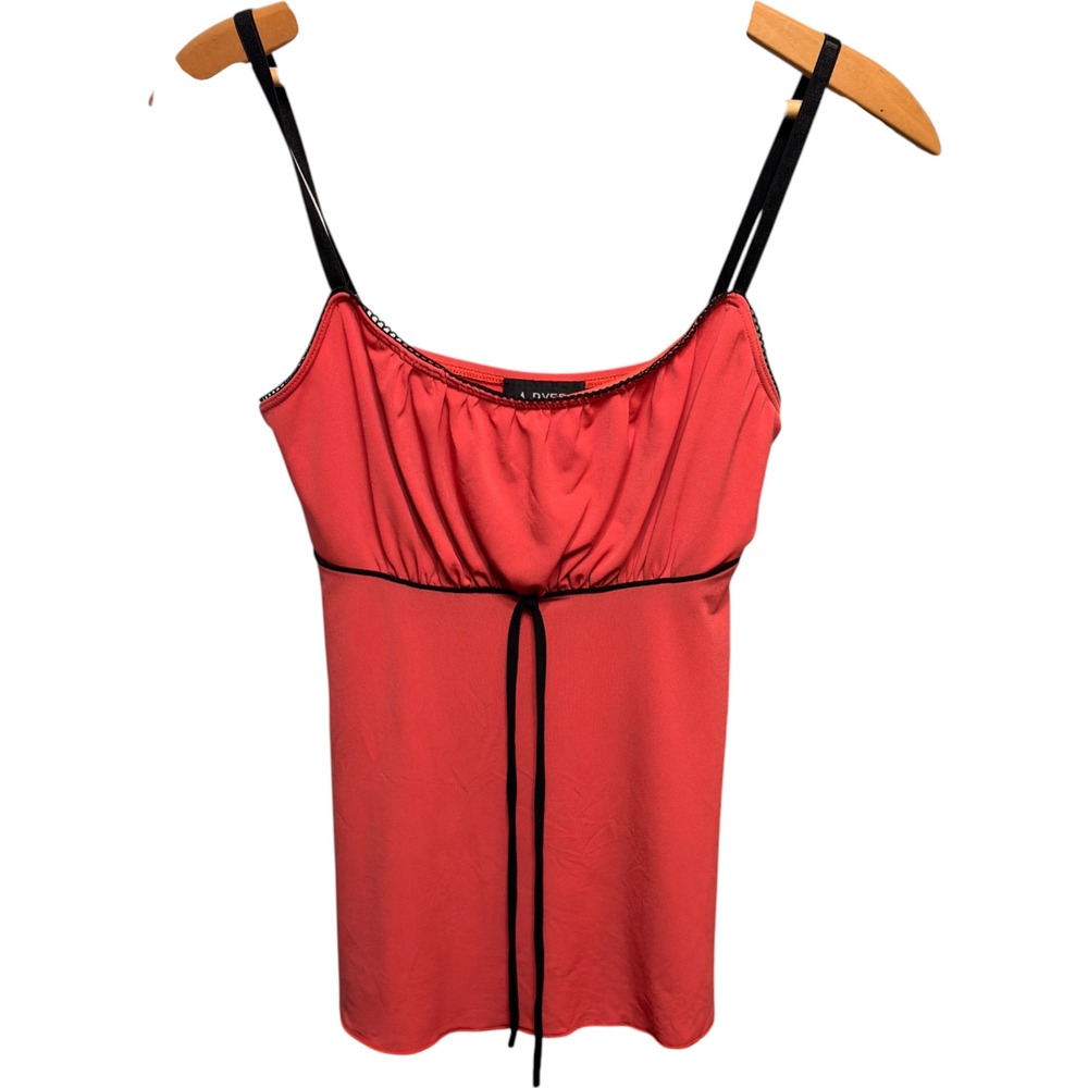 A. Byer Vintage Y2K Babydoll Camisole Top Coral Red Black Lace Trim USA Made M